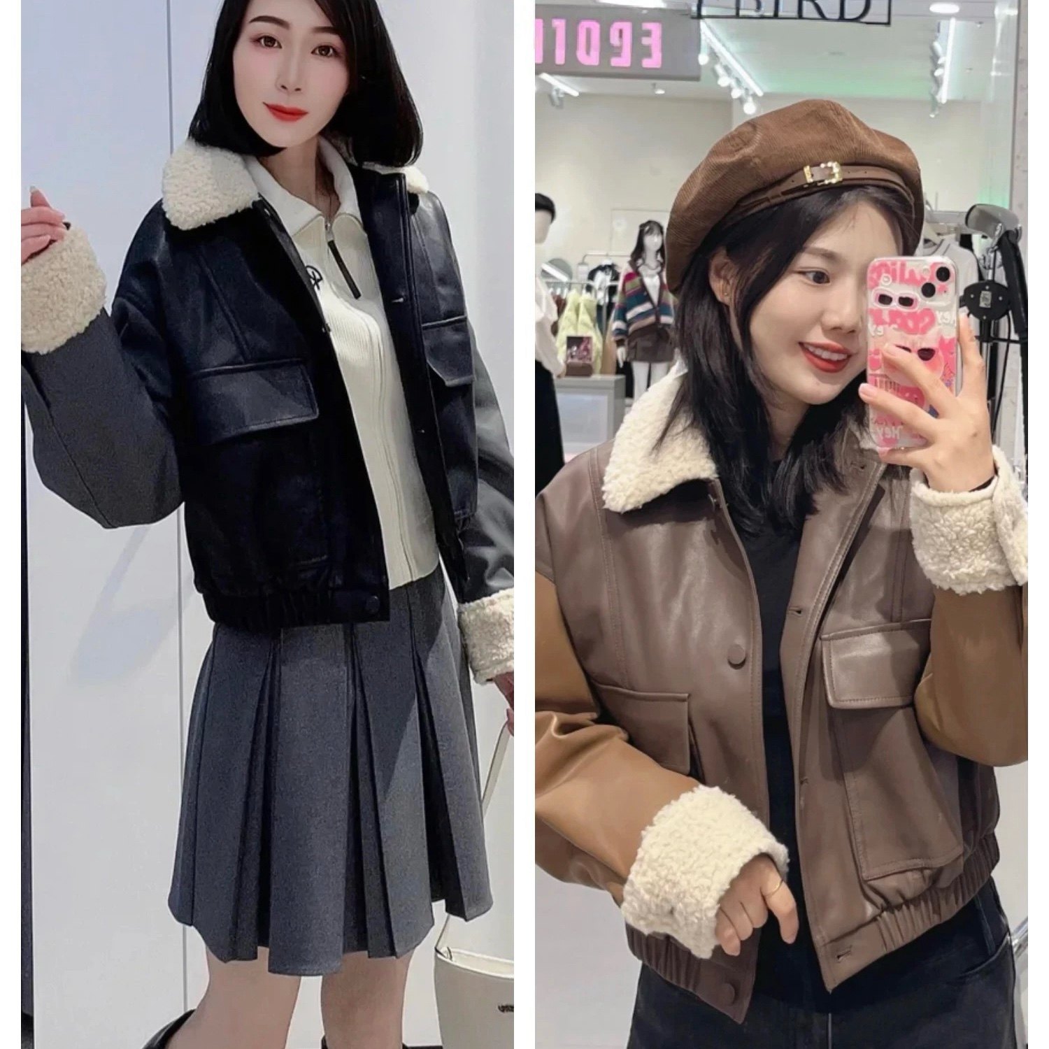 羊羔毛撞色拼接冬款夹棉皮衣外套