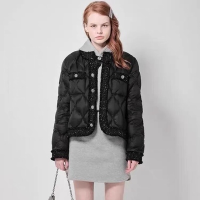 圆领亮丝编织包边小香风羽绒服