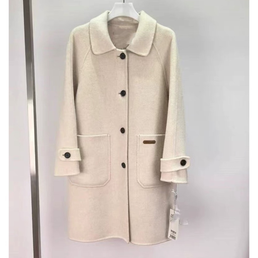 翻领单排扣皮标装饰秋冬毛呢大衣