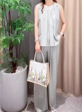 无袖衬衫休闲直筒裤时尚休闲套装