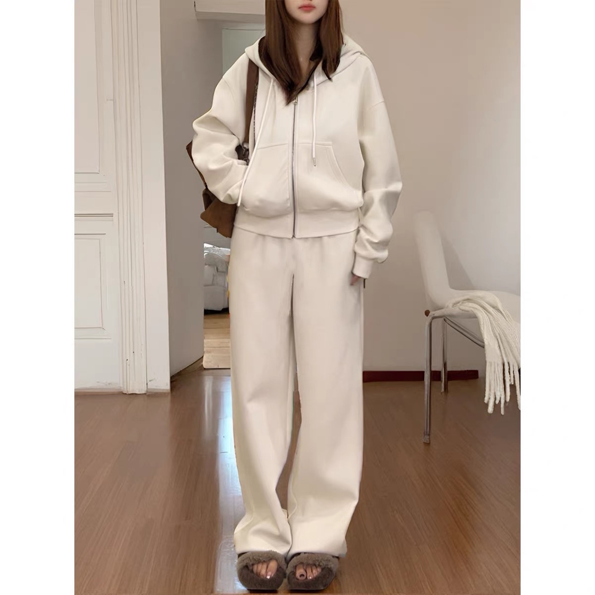 两件套 连帽抽绳双头拉链卫衣+卫裤直筒裤春秋款通勤休闲套装0.97