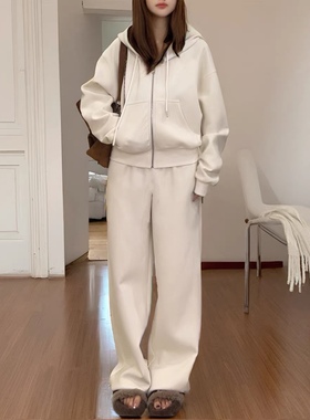 两件套 连帽抽绳双头拉链卫衣+卫裤直筒裤春秋款通勤休闲套装0.97