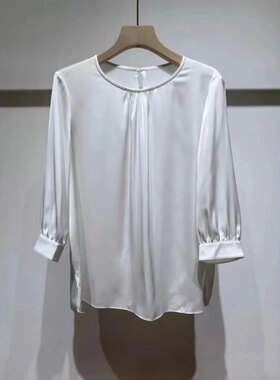 圆领套头七分袖缎面垂感开叉衬衫