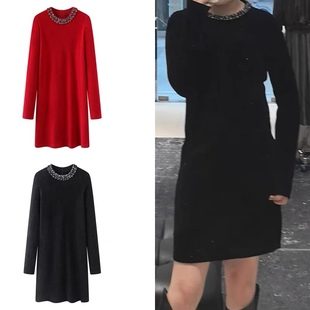 饰贵气优雅气质百搭款 连衣裙 圆领精美亮钻装 时尚 丝绒裙0.52 新品