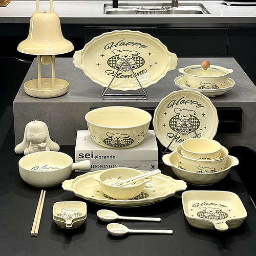奶油风碗碟套装家用2024新款动物卡通可爱高颜值饭碗碗筷碗盘餐具