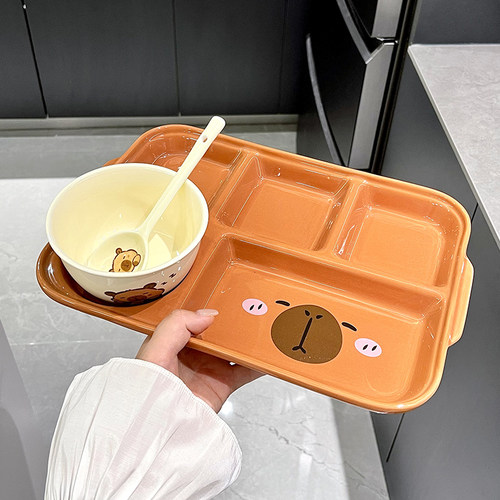 分格餐盘陶瓷餐盘高级感家用大人儿童可爱釉下彩分格盘子可微波