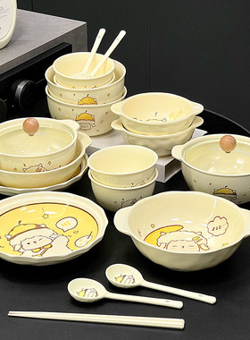 高颜值碗碟套装家用可爱卡通乔迁陶瓷四人2人情侣微波炉餐具套装