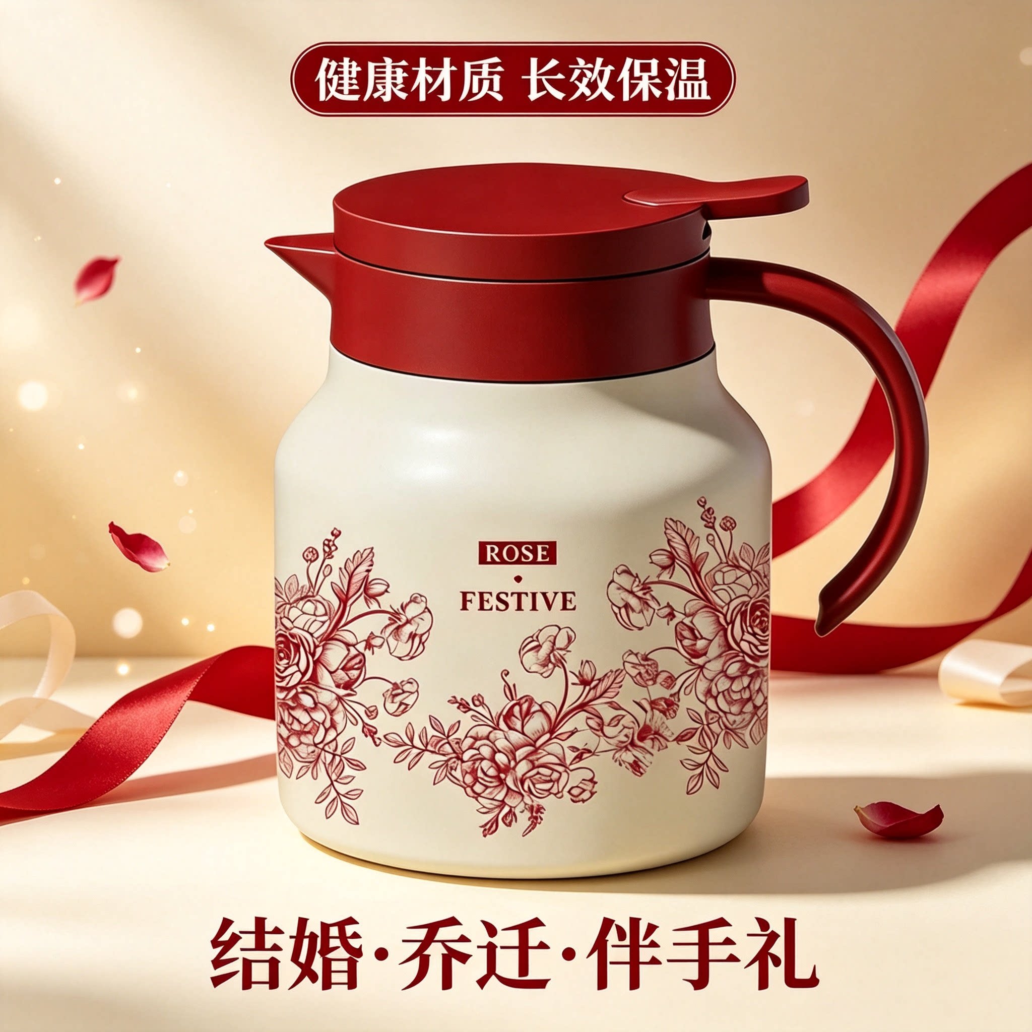 高颜值不锈钢焖茶壶家用保温壶大容量办公室泡茶壶红色热水壶