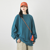 高克重水洗碳磨圆领长袖 T恤纯棉男女款 春秋宽松休闲百搭情侣上衣