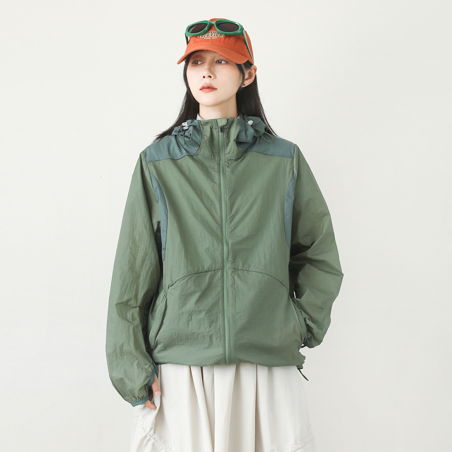 漫渡户外运动风连帽防晒衣男女宽松轻量拉链外套绿色机能防晒服