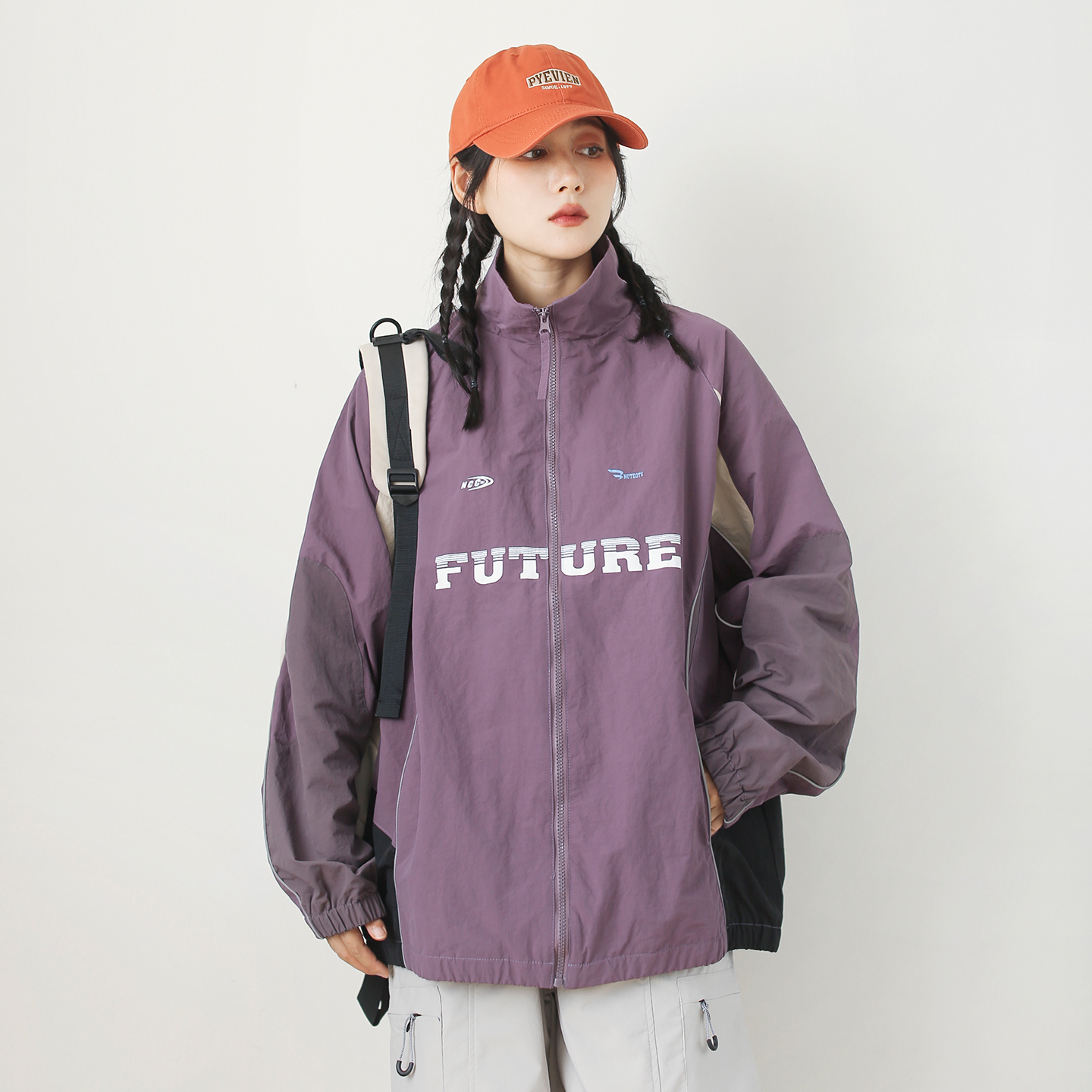 美式潮牌撞色拼接运动立领外套