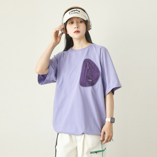 户外抽绳撞色口袋速干T恤女夏