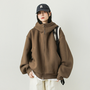 运动外套480g帽衫 美式 廓形立领帽衫 卫衣女2025春款 重磅连帽开衫