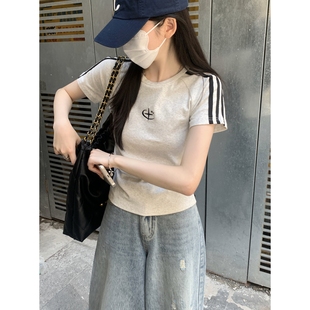 夏季 T恤上衣女 韩版 圆领插肩杠条刺绣设计感百搭纯棉短袖