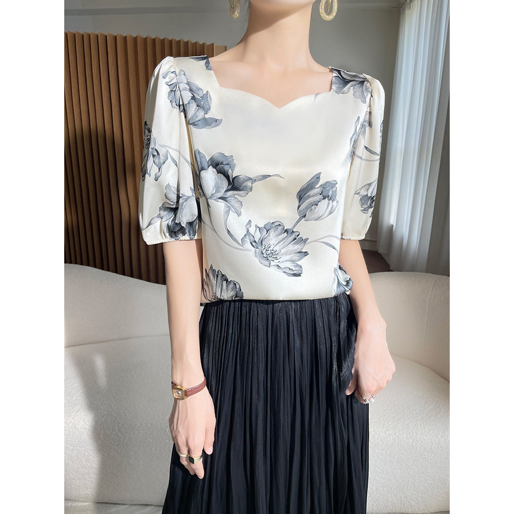 醋酸缎面钻石领短袖上衣26夏季新款百搭显瘦印花半袖打底衫内搭