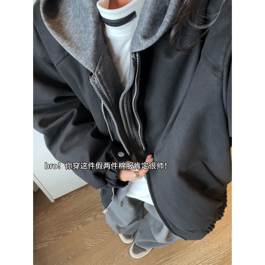 美式解构假两件加棉夹克外套男秋冬季连帽棉衣J98-P95-加棉P105,男装夹克,星座918-1