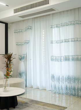 法式蓝色透光网纱绣花窗纱客厅阳台飘窗纱帘卧室白色咖色浪漫窗帘