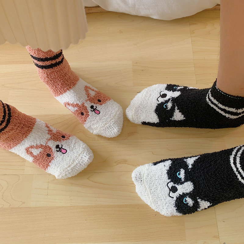 灰色袜子女中筒卡通动漫狗狗冬天厚款男生珊瑚绒地板袜加绒睡觉袜