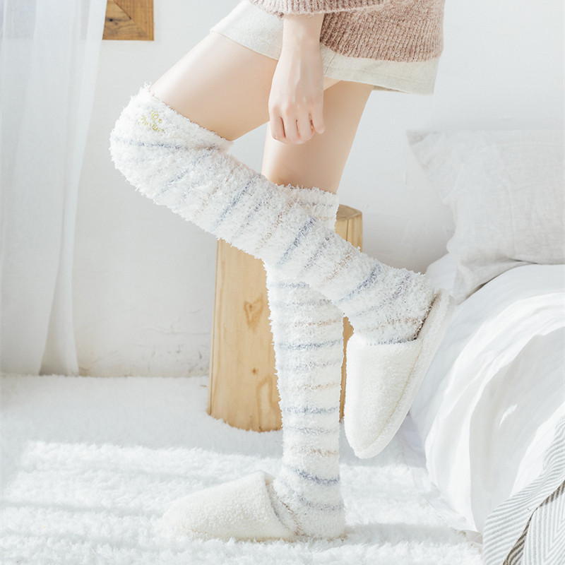 长毛巾袜i子睡觉穿的袜子女潮网红款地板袜大人珊瑚绒条纹过膝袜