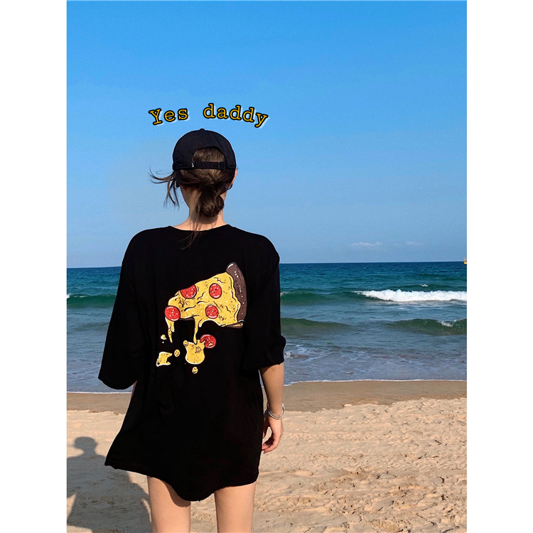 Pizza print on the back of real price Korean version fashionable thin shoulder pad worn Short Sleeve Tee