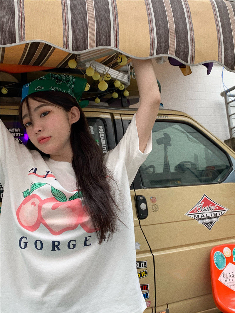 實拍實價新款韓風寬鬆內搭短袖水蜜桃印花潮
