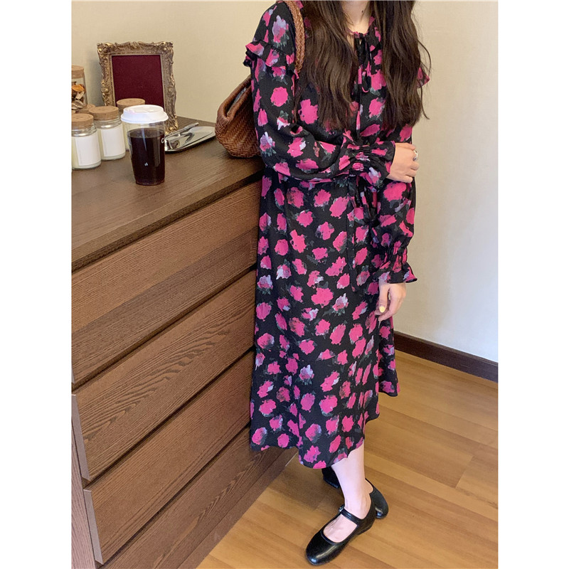 Real price rose floral dress new medium length loose hooded skirt
