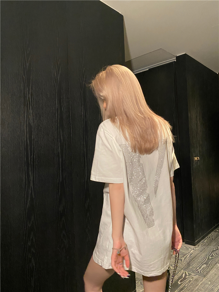 Real shot real price Korean version super fire Sequin letter loose middle long thin lower body disappear tee women trend