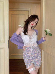 Real price romantic knitted sunscreen cardigan + bow lace skirt + LACE SLING