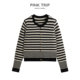 Trip复古气质小香风条纹针织开衫 女秋新款 修身 Pink 短款 毛衣外套