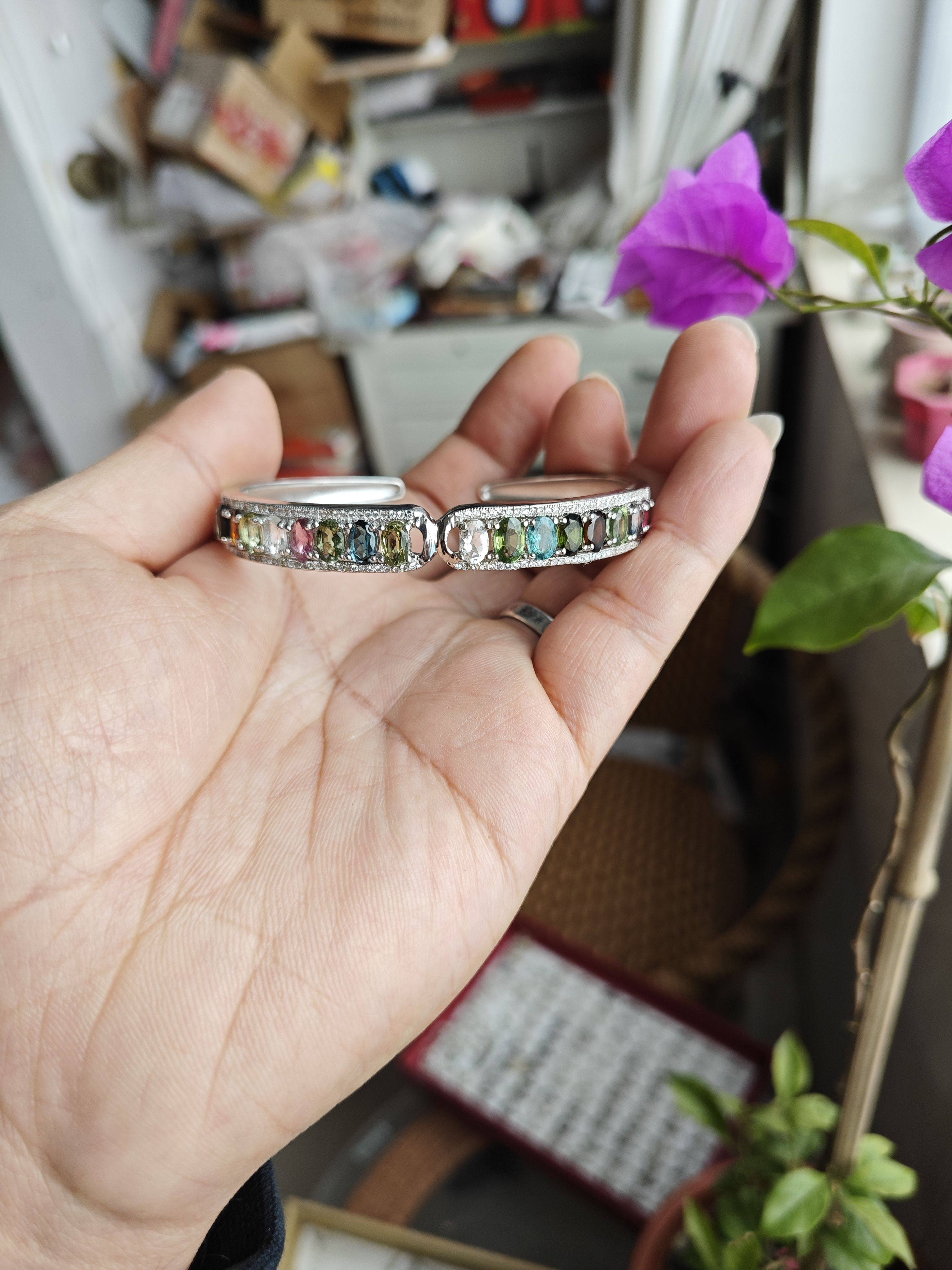 925纯银镶嵌天然糖果色碧玺手镯晶体纯净，颜色美丽支持检测！