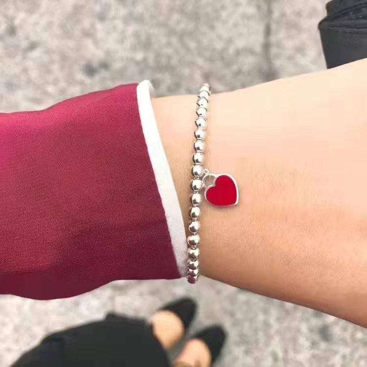 T家珐琅红爱心手链925纯银桃心形爱心圆珠时尚百搭红心珠链