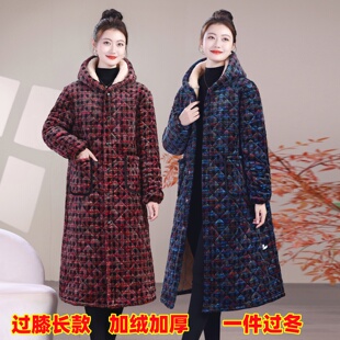 冬季女士加绒加厚棉衣休闲大褂加长过膝罩衣工作服家居服保暖棉服