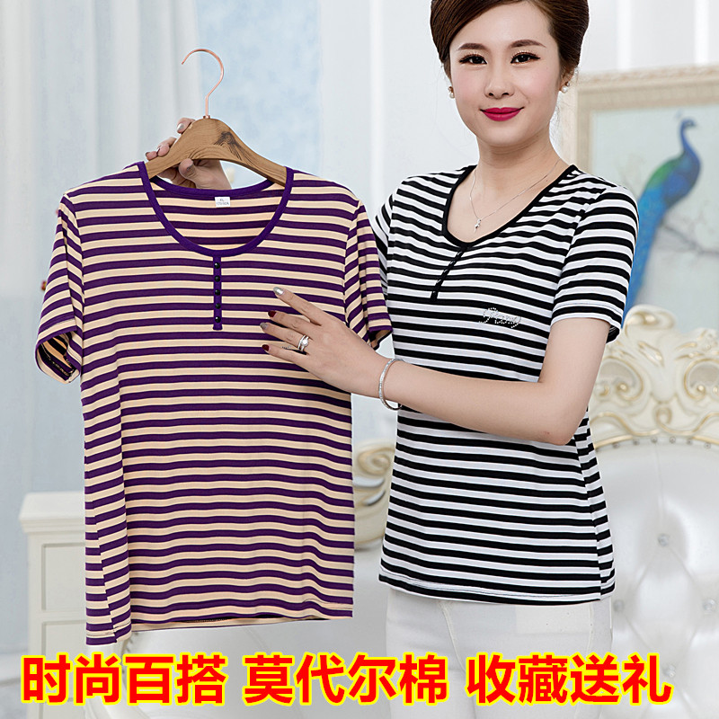 春装中老年条纹T恤女装全棉圆领妈妈装短袖打底衫女上衣黑白小衫在类目 女装/女士精品, T恤中 - 来自Buy2taobao.com提供专业的淘宝代购服务