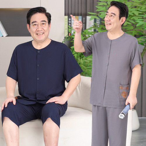中老年男夏季棉绸短袖睡衣套装