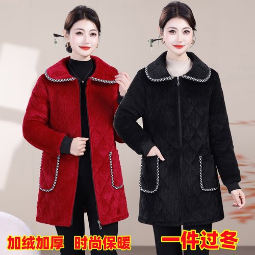 冬季加绒加厚中款妈妈棉服外套