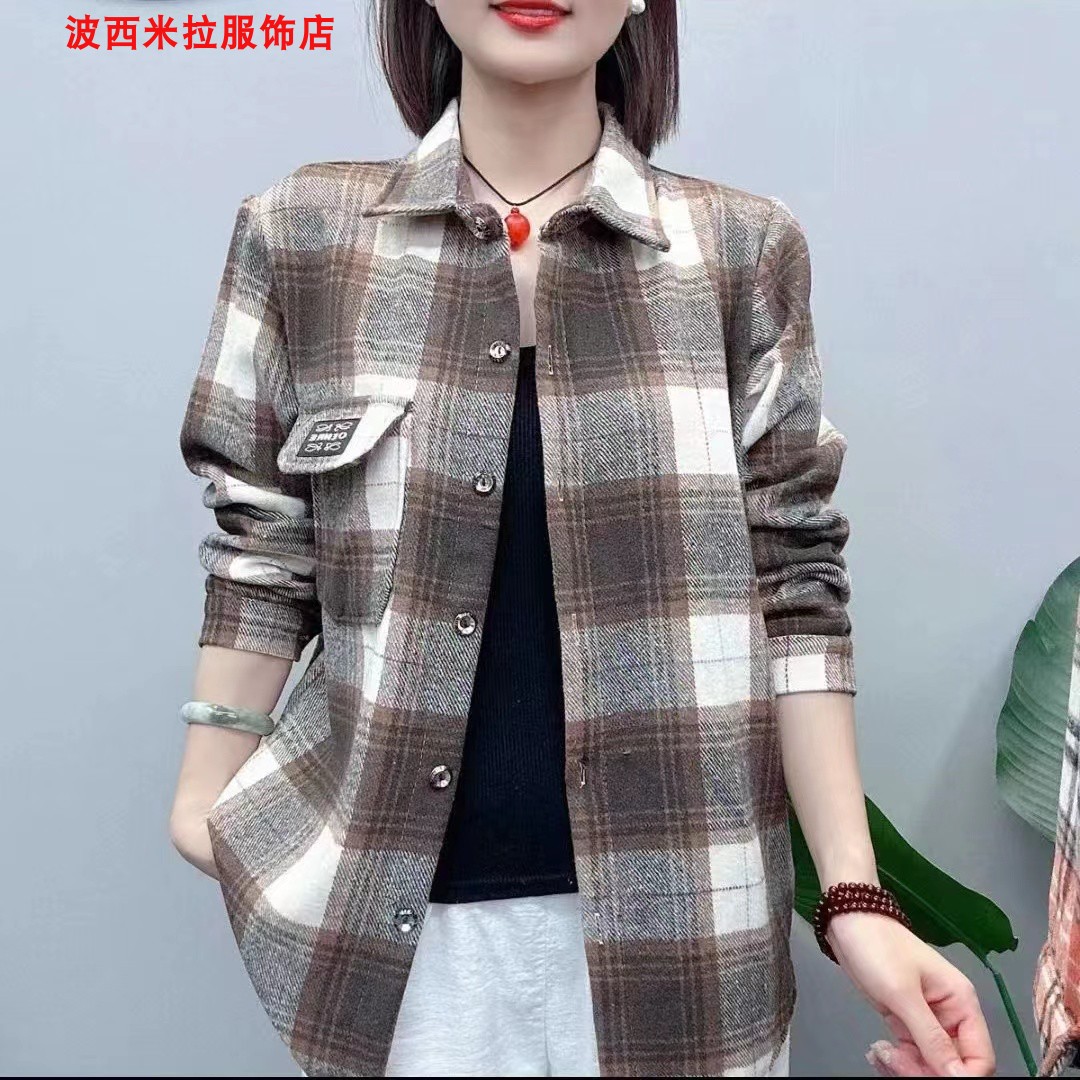 春秋款加厚磨毛格子衬衫女