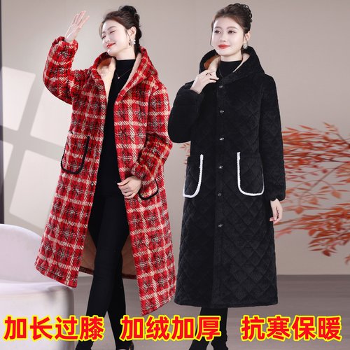 冬季女士加绒加厚棉衣休闲大褂加长过膝罩衣工作服家居服保暖棉服