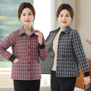 轻薄款 夹棉外套妈妈装 休闲百搭格子小棉衣宽松 秋冬新款 中老年女装