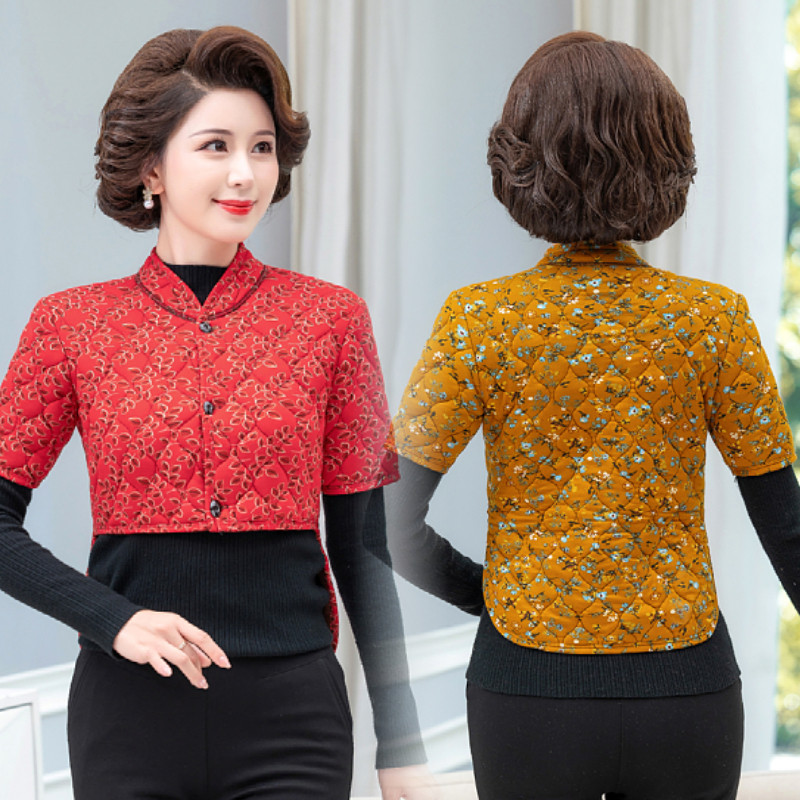 中老年女妈妈护背小棉衣秋冬季加绒短袖驼绒防寒加厚护肩护腰保暖