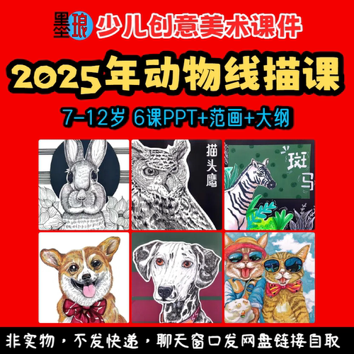 2025年动物线描课-少儿童创意美术7-12岁教学大纲绘画画课件ppt