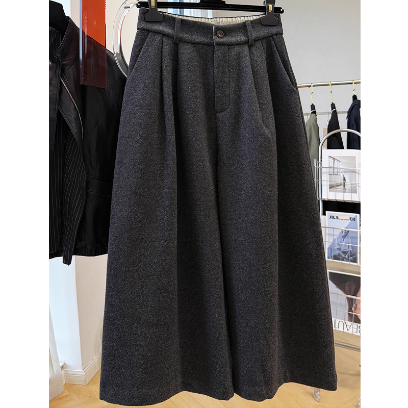 冬季女士毛呢八分裤深灰色宽松阔腿裤韩版松紧腰小个子潮流休闲裤