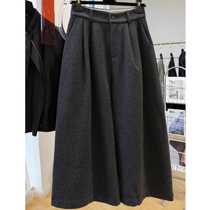 冬季女士毛呢八分裤深灰色宽松阔腿裤韩版松紧腰小个子潮流休闲裤