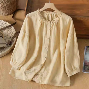 夏季纯亚麻衬衣女浅黄色七分袖文艺休闲上衣薄款透气高支细麻衬衫