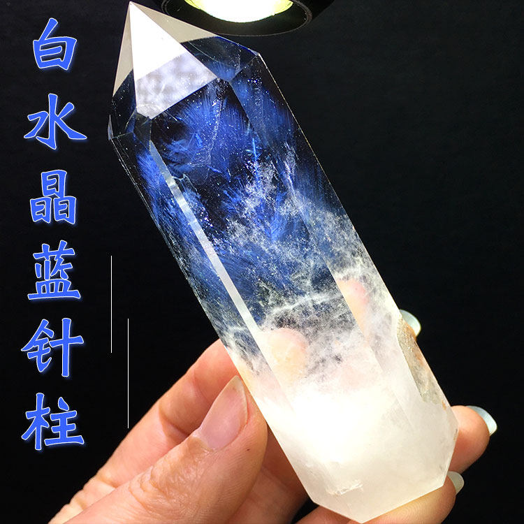 天然白水晶柱子蓝针天使羽毛原石打磨彩虹六棱单尖柱家居饰品摆件