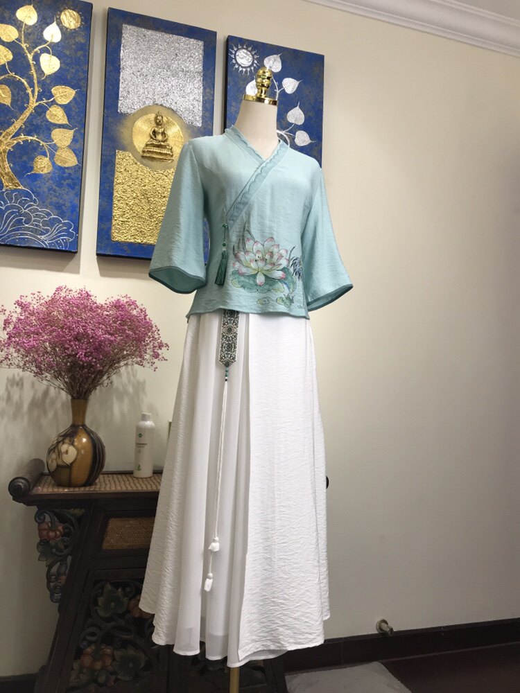 木棉道夏季新款天丝棉手绘汉服领上衣搭配刺绣流苏厚松紧腰半裙