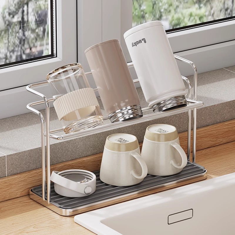 不锈钢双层水杯架倒挂茶杯玻璃杯沥水收纳置物架家用水杯托盘