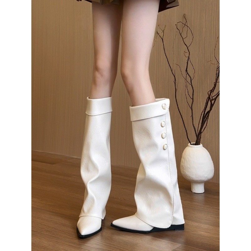 小香风尖头坡跟高筒机车靴女靴2025复古不过膝裤管骑士靴,女鞋,骑士靴,淘宝优惠券,粉丝福利购,淘宝优惠卷