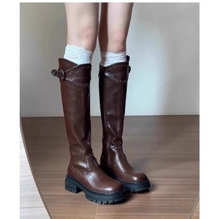 厚底粗跟棕色美拉德高筒长筒靴子女夏2025新款 西部牛仔骑士靴 秋季