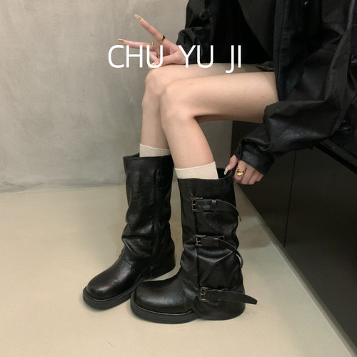 小众复古粗跟中高筒靴骑行靴马丁靴早秋西部牛仔堆堆靴法式女靴子