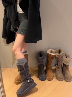 厚底灰色皮带扣雪地靴女两穿翻折加绒保暖长筒靴棉鞋